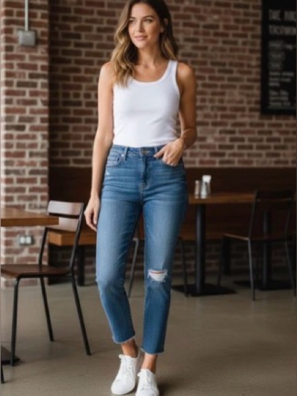 Frame “Le High Straight” Distressed High Rise Straight Jeans With Raw Hem